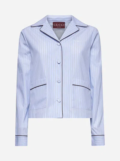 Gucci Light Blue Striped Cotton Embroidered Shirt