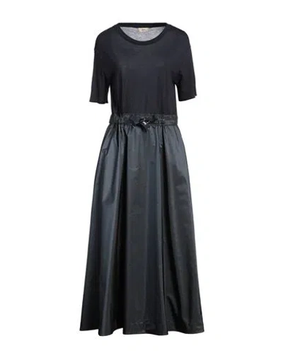 Herno Blue Crewneck Midi Dress With Elastic Drawstring Waist And Panelled Design In Multicolor