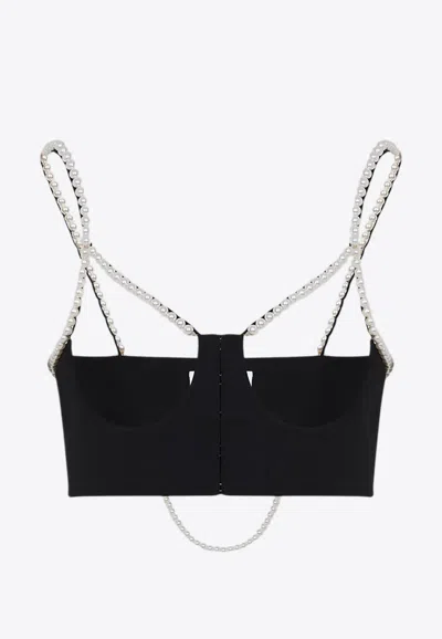 Moschino Stretch Poplin Crop Top With Pearls In Black