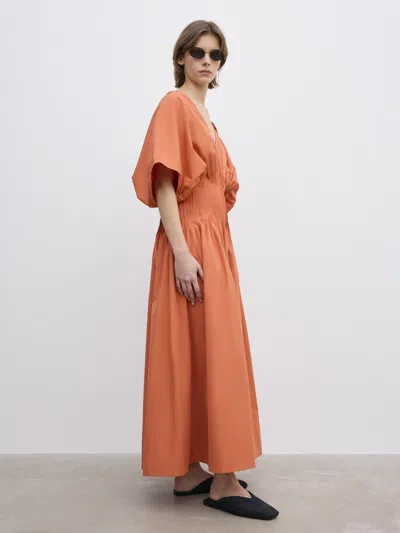House Of Dagmar Organic Cotton Pintuck Midi Dress In Orange
