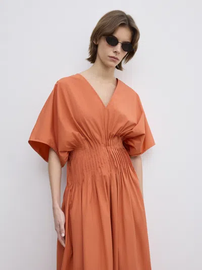 House Of Dagmar Organic Cotton Pintuck Midi Dress In Orange