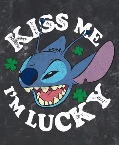 Lilo Stitch Men's Disney Lucky Face Short Sleeve Mineral Wash T-shirt In Black