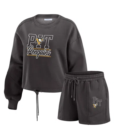 Wear By Erin Andrews Women's Black Pittsburgh Penguins Washed Fleece Sweatshirt & Shorts Lounge Set In Black