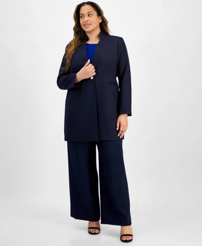 Tahari Asl Plus Size Single Button Crepe Blazer Wide Leg Pants In Navy