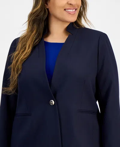 Tahari Asl Plus Size Single Button Crepe Blazer Wide Leg Pants In Navy