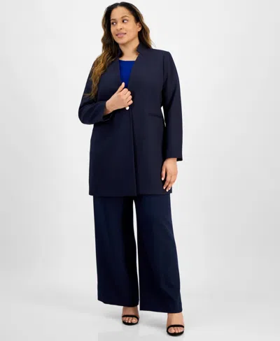 Tahari Asl Plus Size Single Button Crepe Blazer Wide Leg Pants In Navy