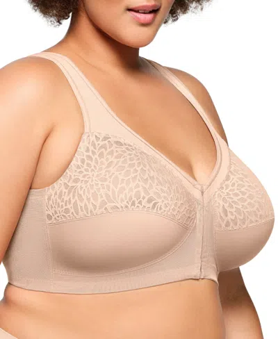 Glamorise Plus Size Magic Lift Front-closure Racerback Wire Free Bra #1206 In Cafe