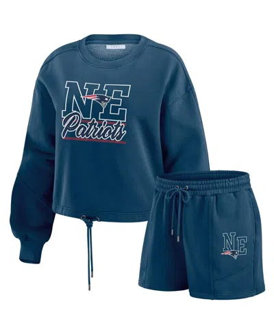 Wear By Erin Andrews Women's Navy New England Patriots Washed Fleece Long Sleeve T-shirt & Shorts Lounge Set In Blue