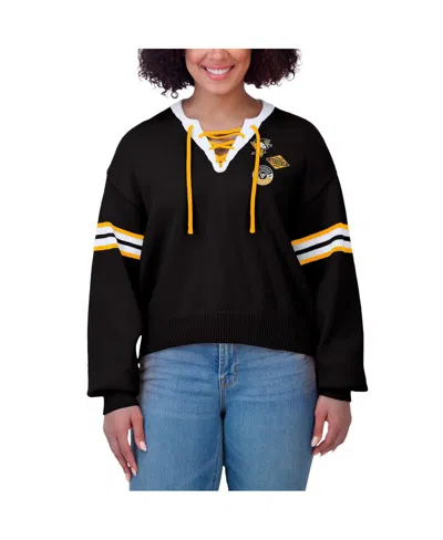 Wear By Erin Andrews Women's Black Boston Bruins Cropped Lace-up Sweater In Black