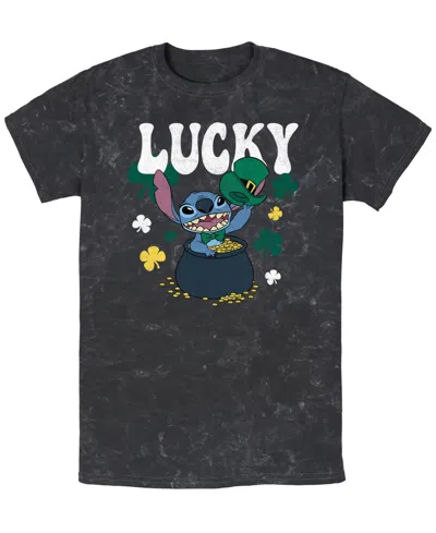 Lilo Stitch Men's Lucky Stitch Short Sleeve Mineral Wash T-shirt In Black