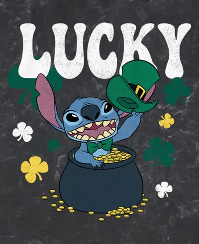 Lilo Stitch Men's Lucky Stitch Short Sleeve Mineral Wash T-shirt In Black