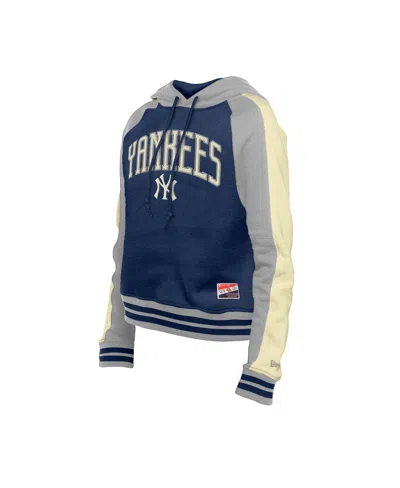 New Era Women's Navy New York Yankees Throwback Cropped Raglan Pullover Hoodie In Navy