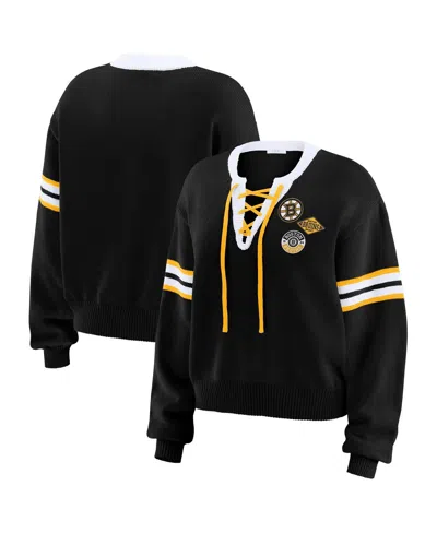 Wear By Erin Andrews Women's Black Boston Bruins Cropped Lace-up Sweater In Black