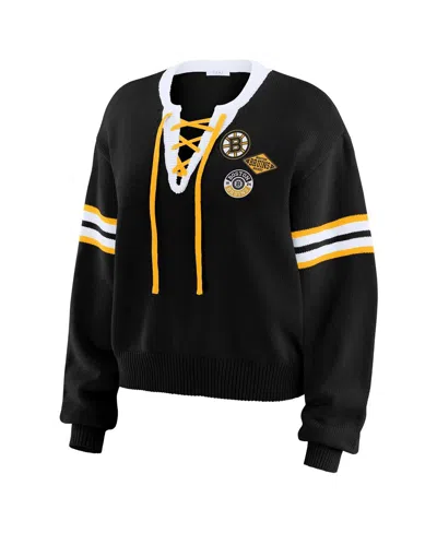 Wear By Erin Andrews Women's Black Boston Bruins Cropped Lace-up Sweater In Black