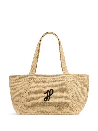 Patou Structured Raffia Tote Bag With Intricate Detailing In Natural