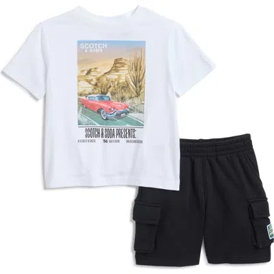 Scotch & Soda Kids' Desert Graphic T-shirt & Fleece Cargo Shorts Set In White