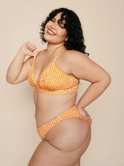 Kitty And Vibe High Leg Mid Rise Bikini Bottoms With Cheeky Coverage In Clementine