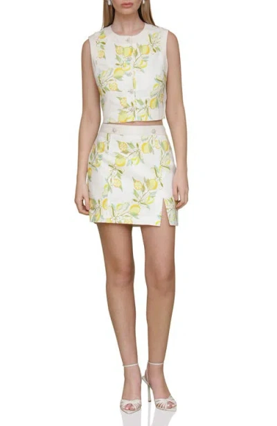 Avec Les Filles Womens Sleeveless Button Front Top Side Slit Miniskirt In Lemon Vine