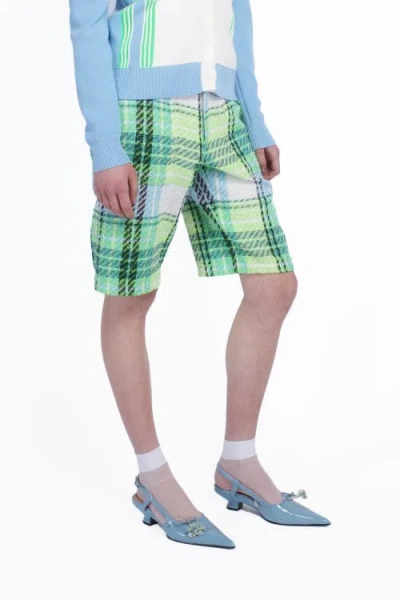 Anna Sui Capri Plaid Shorts In Lime Multi