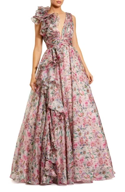 Mac Duggal Ruffle Shoulder V-neck Printed Chiffon Gown In Pink Multi