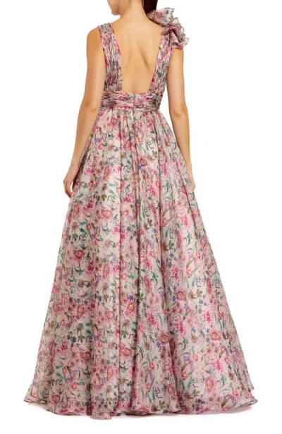 Mac Duggal Ruffle Shoulder V-neck Printed Chiffon Gown In Pink Multi