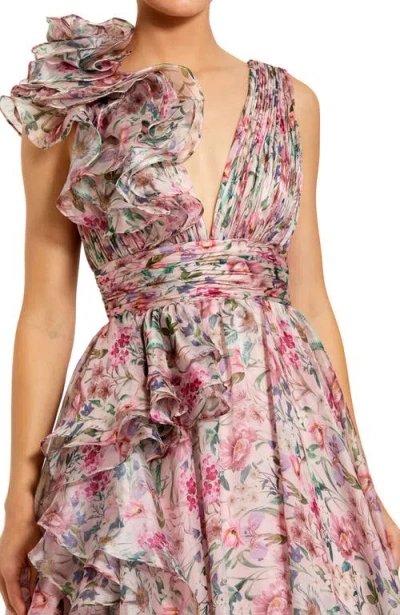 Mac Duggal Ruffle Shoulder V-neck Printed Chiffon Gown In Pink Multi