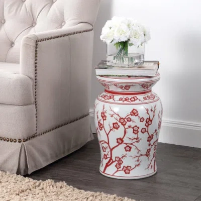 Jonathan Y Cherry Blossom 17.7" Ceramic Garden Stool In White/red