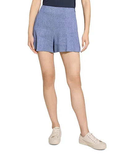 Theory Pleated Linen Blend Shorts In Light Denim