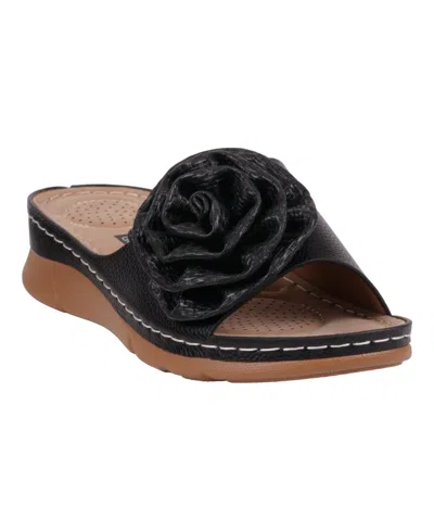 Gc Shoes Women's Honey Flower Rosette Flat Sandals In Black