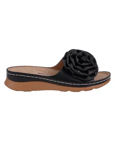 Gc Shoes Women's Honey Flower Rosette Flat Sandals In Black