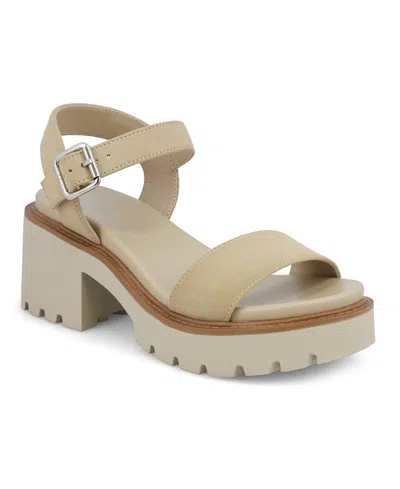 Mia Savy Sandals Women'ssand Leather Ankle Strap Lug Sole Block Heel Gal690 In Sand