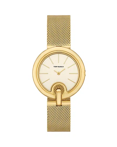 Tory Burch Women's The Pierced Gold-tone Stainless Steel Mesh Bracelet Watch 36mm In Ivory/gold