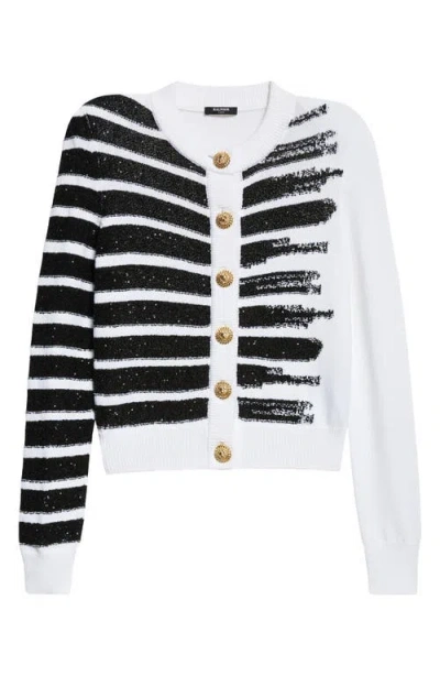 Balmain Makeup Stripe Sequin Cardigan In White/black