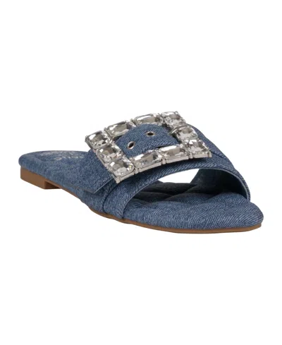 Gc Shoes Women's Bianca Rhinestone Buckle Flat Sandals In Denim