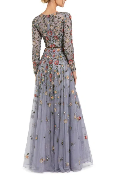 Mac Duggal Embellished High Neck Long Sleeve A Line Gown In Gray