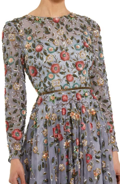 Mac Duggal Embellished High Neck Long Sleeve A Line Gown In Gray