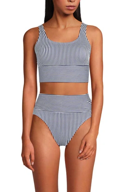 Lands' End Tugless Tankini Top And High Waisted Bottom Swimsuit Set In Deep Sea Navy Mini Stripe