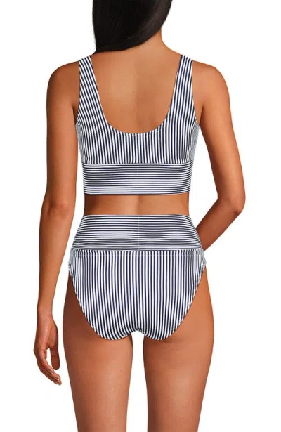 Lands' End Tugless Tankini Top And High Waisted Bottom Swimsuit Set In Deep Sea Navy Mini Stripe