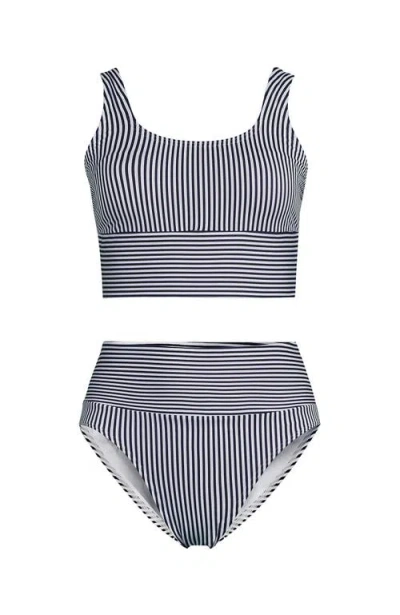 Lands' End Tugless Tankini Top And High Waisted Bottom Swimsuit Set In Deep Sea Navy Mini Stripe