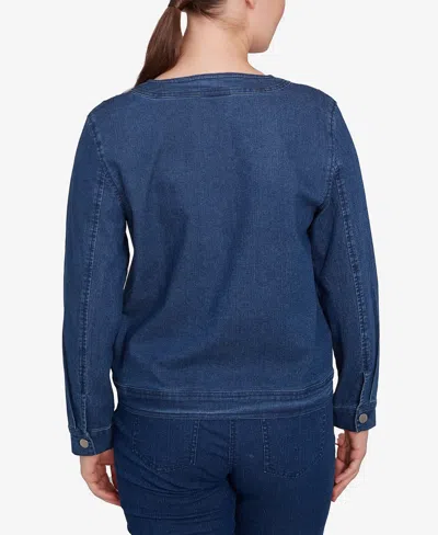 Ruby Rd. Petite Dark Stretch Denim Embroidered Jacket In Blue