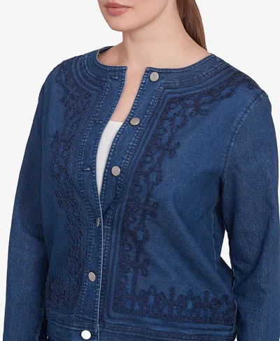 Ruby Rd. Petite Dark Stretch Denim Embroidered Jacket In Blue