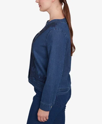 Ruby Rd. Petite Dark Stretch Denim Embroidered Jacket In Blue