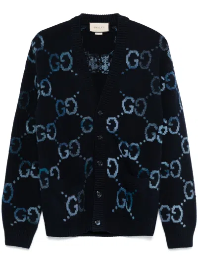 Gucci Blue Sweater With Gg Intarsia Knit In Wool Blend Man In Blue