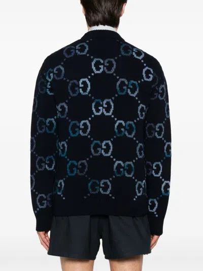 Gucci Blue Sweater With Gg Intarsia Knit In Wool Blend Man In Blue