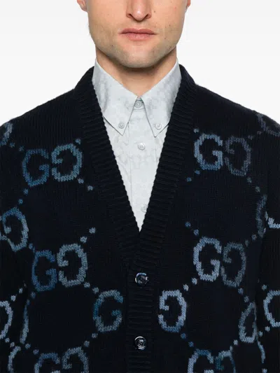 Gucci Blue Sweater With Gg Intarsia Knit In Wool Blend Man In Blue
