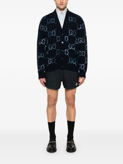 Gucci Blue Sweater With Gg Intarsia Knit In Wool Blend Man In Blue