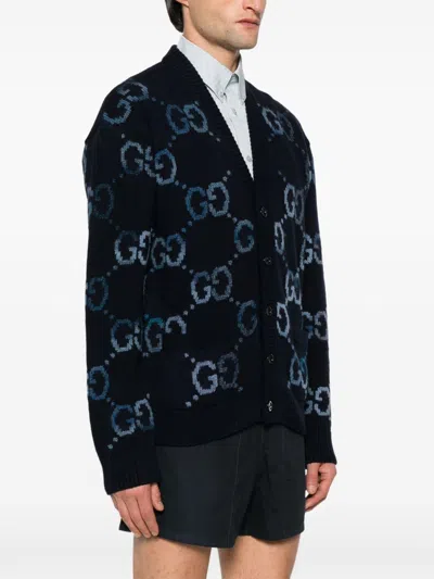 Gucci Blue Sweater With Gg Intarsia Knit In Wool Blend Man In Blue