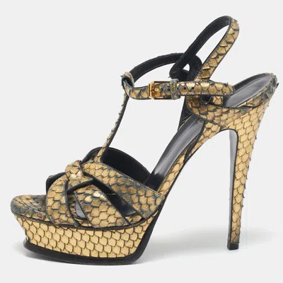 Pre-owned Saint Laurent Metallic Gold Python Embossed Leather Tribute Sandals Size 39.5