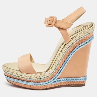 Pre-owned Christian Louboutin Peach Pink Suede New Duplice Wedge Sandals Size 38
