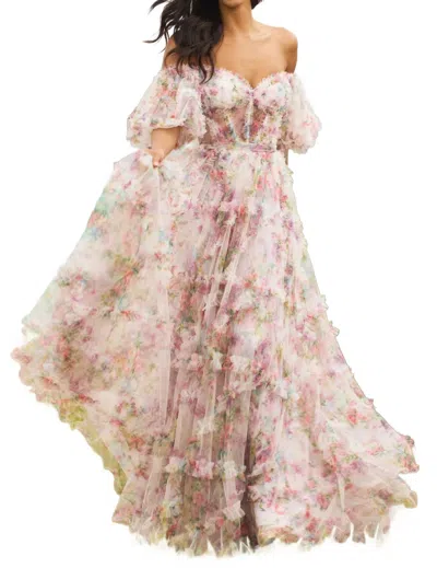 Sherri Hill Tulle Floral Print Gown In Bright Pink Print In Multi